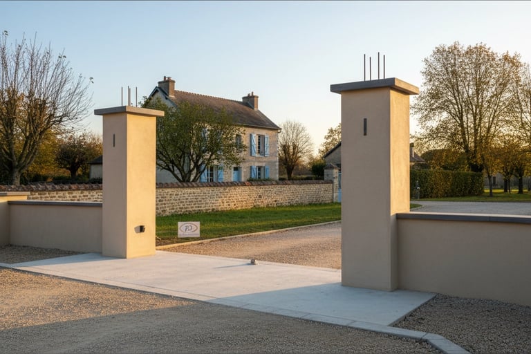 piliers de portail enduit taloché beige et chapeaux plats béton Loiret