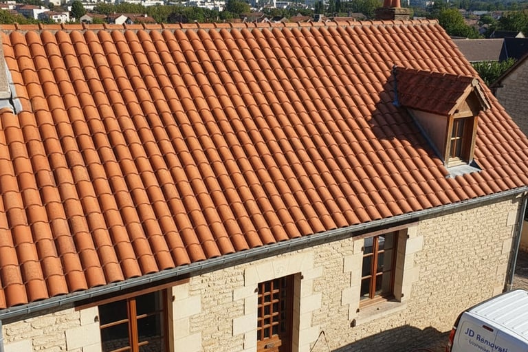 résultat nettoyage toiture tuiles terre cuite Loiret après traitement anti-mousse professionnel