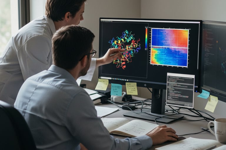 Biotech pharma researchers with data visualization