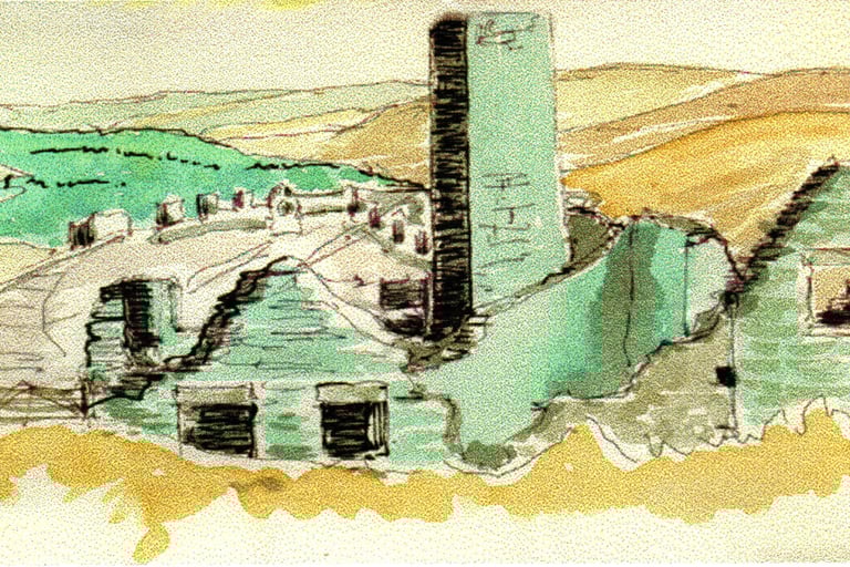 Watercolor sketch of historic stone ruins with a tall tower overlooking rolling green hills.
