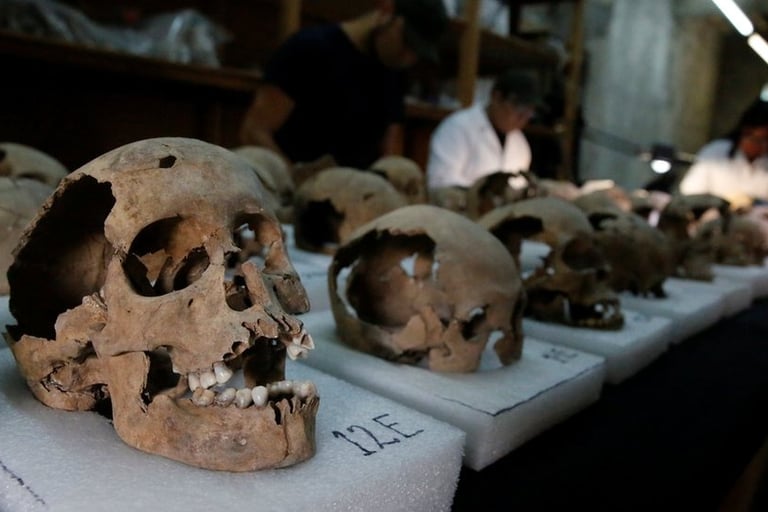 Exhibición de cráneos en el Museo del Templo Mayor vinculados al tzompantli