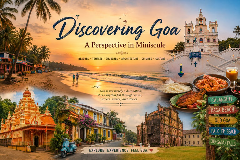 Wide collage of Goa featuring beaches, palm trees, churches, temples etc in miniscule
