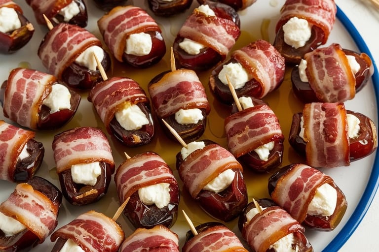 a plate of bacon wrapped dates in bacon wrapped in bacon wrapped in bacon