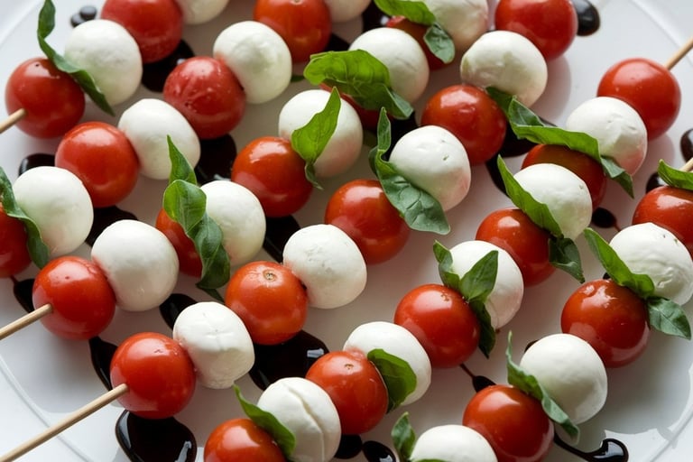 a plate of mozzarella tomatoes and mozzarella cheese skewers