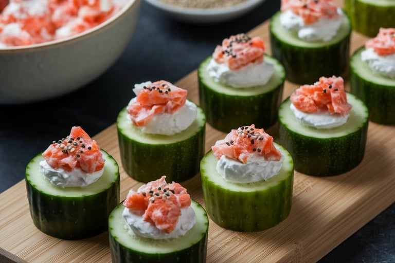 a wooden board with cucumber and salmon on it