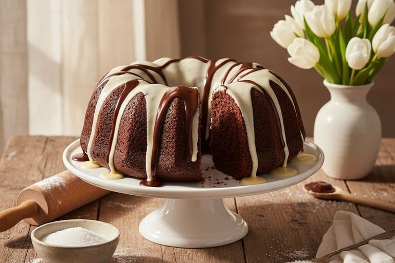 a bundt cake with white icing and chocolate icing