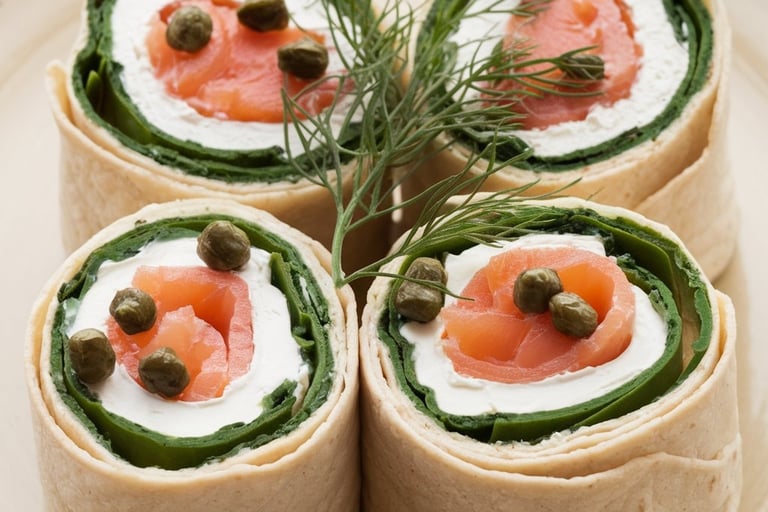 a plate of food that includes a roll - up of salmon