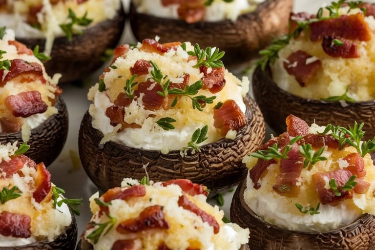 a plate of stuffed mushrooms with cheese and bacon