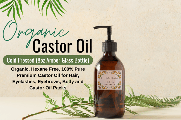 a bottle of castor oil with a green leafy branch