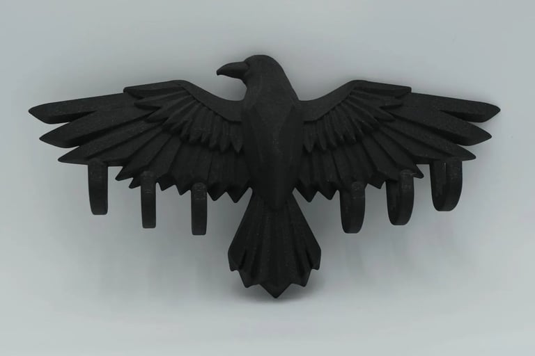 Black crow wall hook with spread wings, ABS