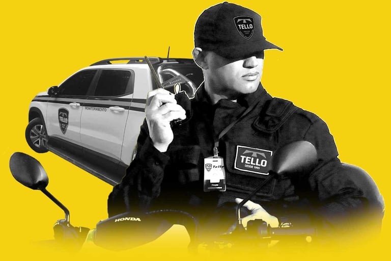 Agente de segurança montado em motocicleta, usando rádio à frente de viatura