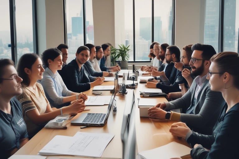 a group of people sitting around a table