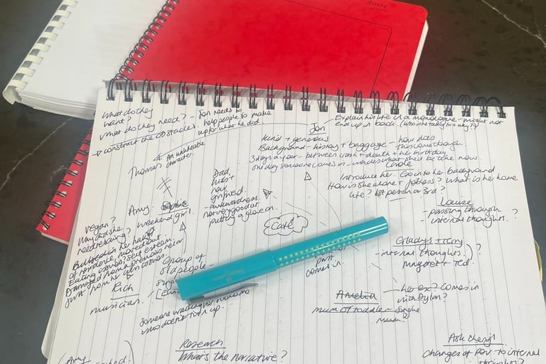 a pie of notebooks and handwritten notes