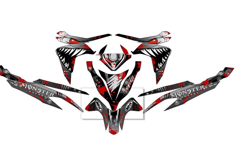 Custom Monster Energy motorcycle decal kit with red splatter and shark teeth graphics.
