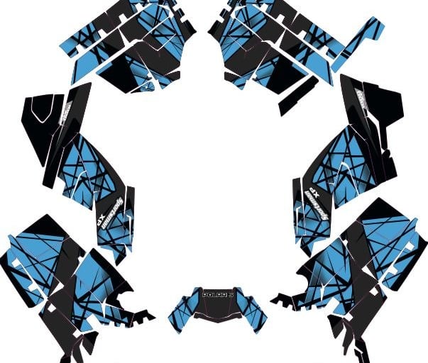 Custom blue and black geometric vinyl wrap kit for a Polaris Sportsman XP 1000 ATV.