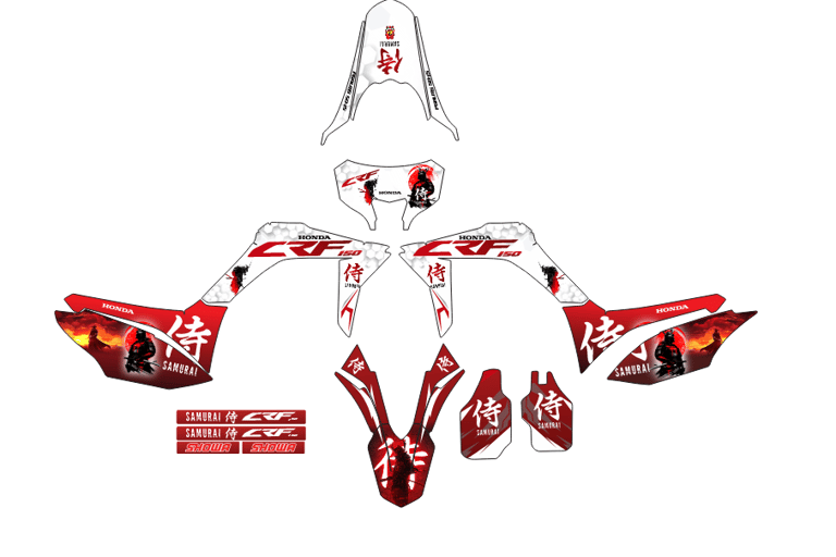 Custom Honda CRF 150 graphics kit featuring a red and white samurai warrior theme with Japanese kanji.