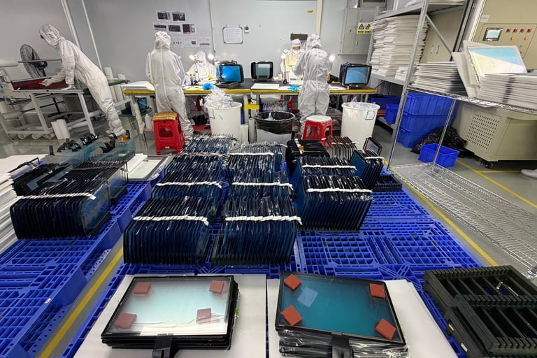 Professional technicians in anti-static suits assembling interactive touch panels at ClaraTech facto