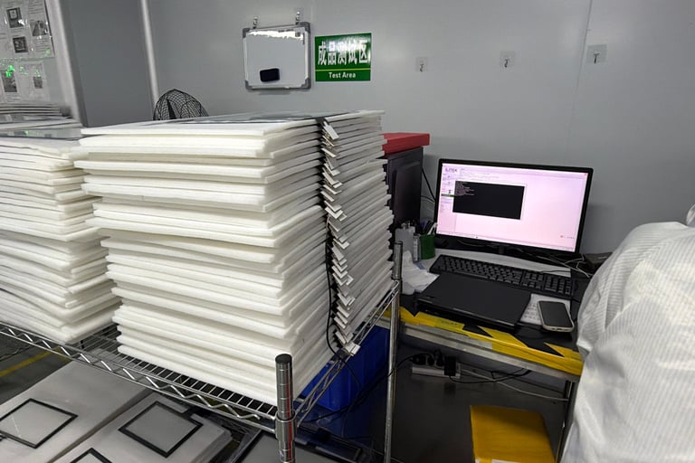 Interactive touch panel functional testing using ILITEK diagnostic equipment at ClaraTech factory.