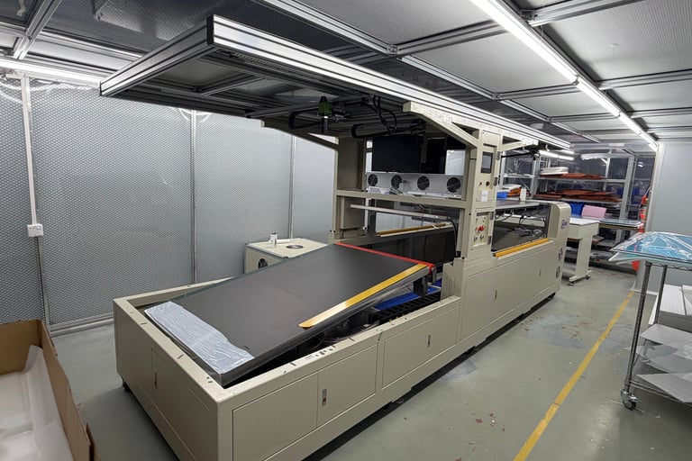 ClaraTech automated large-format optical bonding machine in Class 1000 clean room.