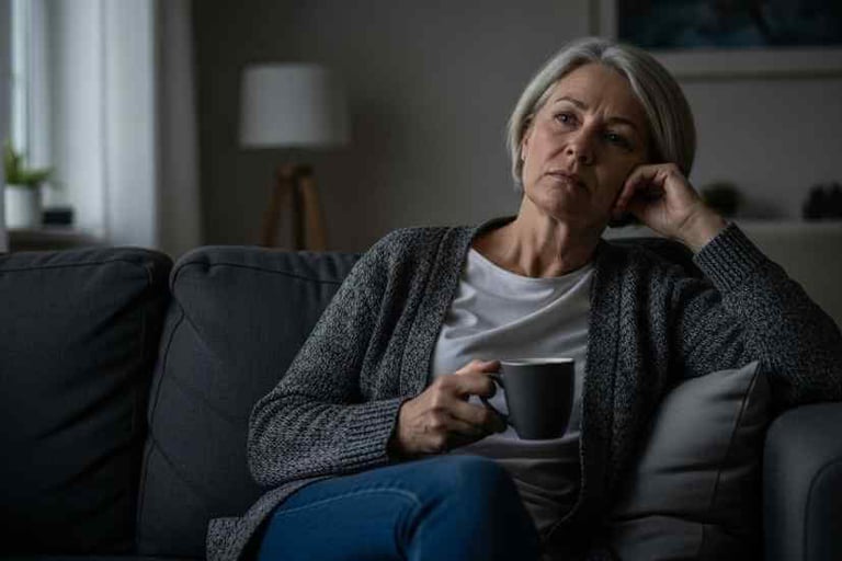 Fotografia realista de uma pessoa sentada no sofá, segurando uma xícara de café, com uma expressão de exaustão.