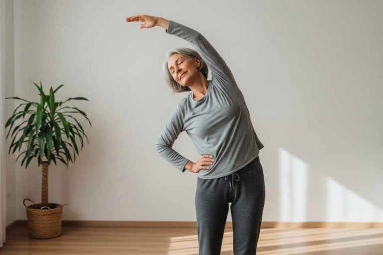 Pessoa realizando alongamento leve em casa, ambiente simples, expressão tranquila.