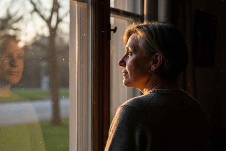 Pessoa madura olhando pela janela, expressão pensativa, clima calmo, luz do fim de tarde.