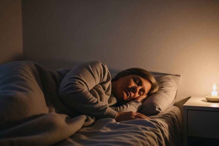 Pessoa dormindo tranquilamente, quarto simples, luz baixa, clima silencioso.