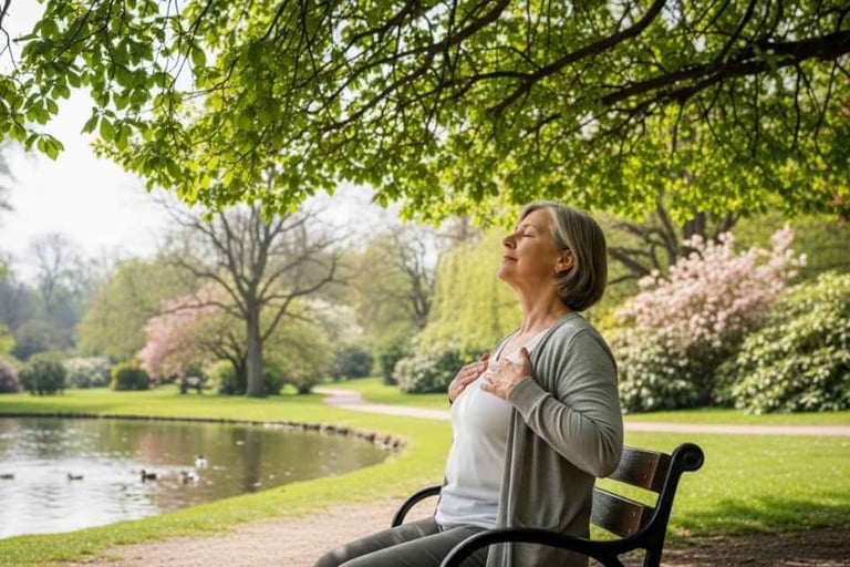 Pessoa madura sentada em um banco ao ar livre, respirando fundo, ambiente calmo.