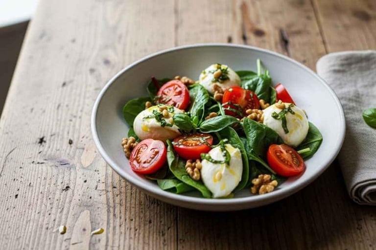 Prato simples com alimentos naturais, cores suaves, iluminação natural.