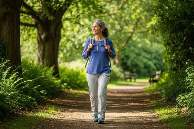Expressão serena de mulher de 55 anos caminhando em trilha arborizada sob luz natural, representando paz e equilíbrio mental.