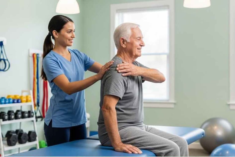 Fisioterapeuta ajustando postura de pessoa idosa durante exercício leve em clínica, iluminação branca, fotografia realista.