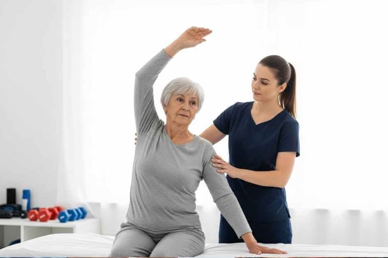 Pessoa idosa realizando exercício de alongamento com auxílio de fisioterapeuta em clínica.