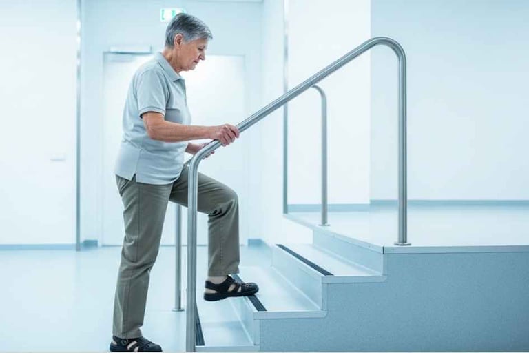 Pessoa de aproximadamente 70 anos subindo pequeno lance de escadas com corrimão em ambiente clínico.