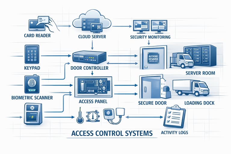 Access control system diagram illustrating card readers, keypads, biometric devices, door controller