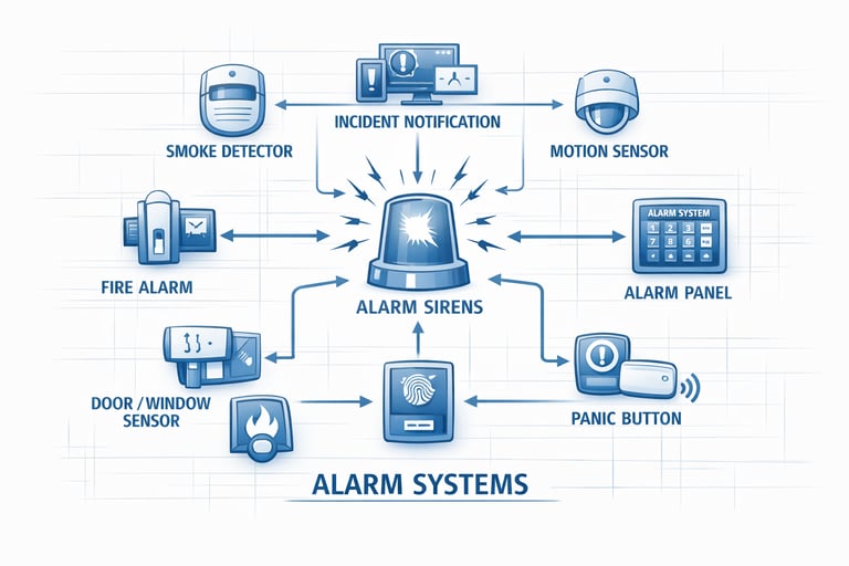 Diagram showing how smoke detectors, motion sensors, door and window sensors, panic buttons, and fir