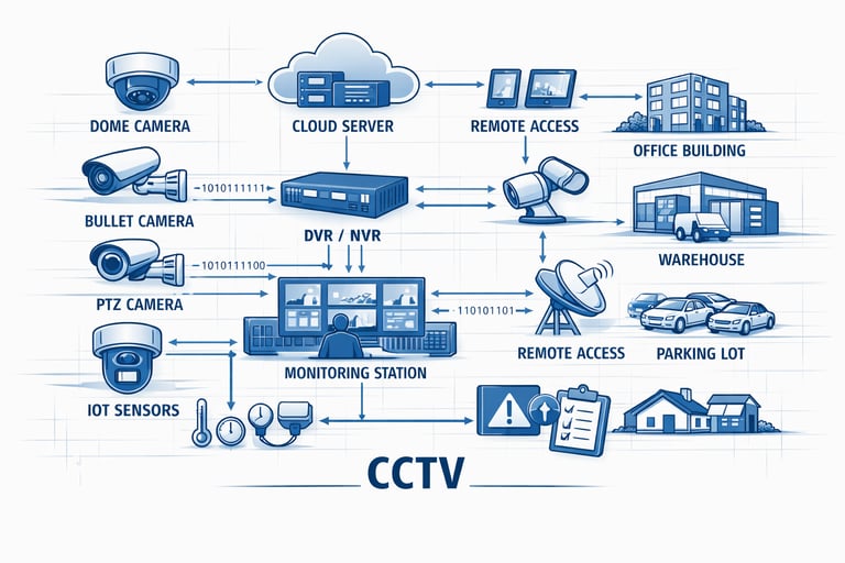 Diagram showing how dome, bullet, and PTZ cameras connect to a DVR/NVR, monitoring station, and clou