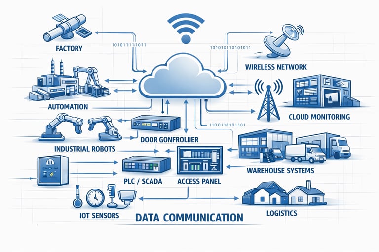 Industrial data communication diagram showing  connectivity between factory equipment, sensors,