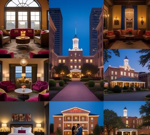 9 little photo’s inside and outside of a luxury hotel