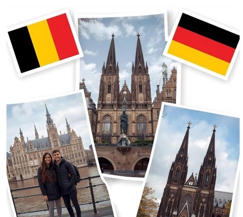 young couple visiting antwerp, amsterdam and cologne