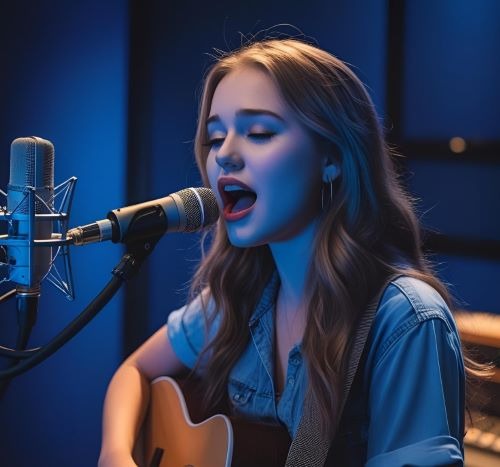 young woman singer is recording a song in a studio