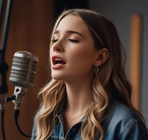young woman singer is recording a song in a studio
