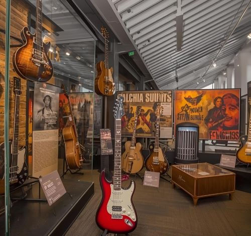 a player's guitar in a museum