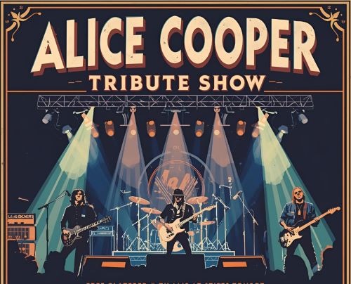 a poster for a concert with a band playing on stage