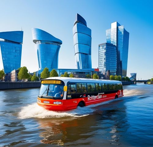 a bus in rotterdam is driving down the river in front of a large building