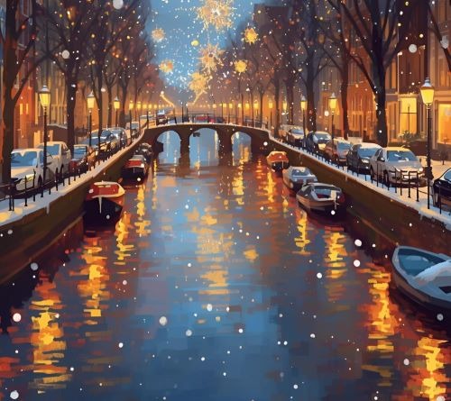 amsterdam canals with lights and snow