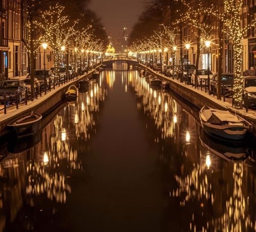amsterdam canals with boats and christmas lights on it