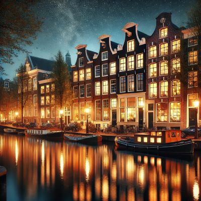 a city street scene with a boat in the water