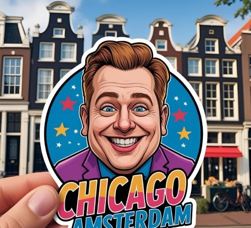 A colorful Chicago Amsterdam sticker held against a backdrop of historic Dutch canal houses.