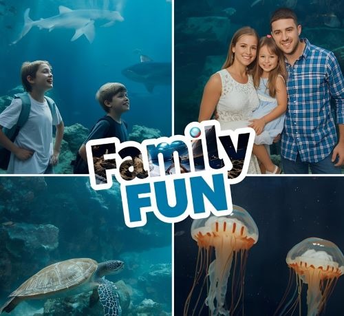 a family enjoying a sea aquarium with sharks, turtles etc.