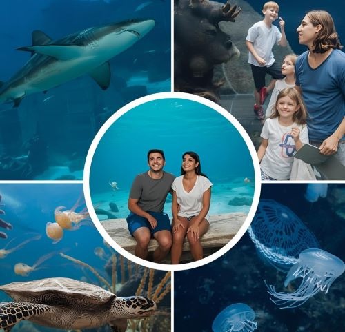 a family enjoying a sea aquarium with sharks, turtles etc.
